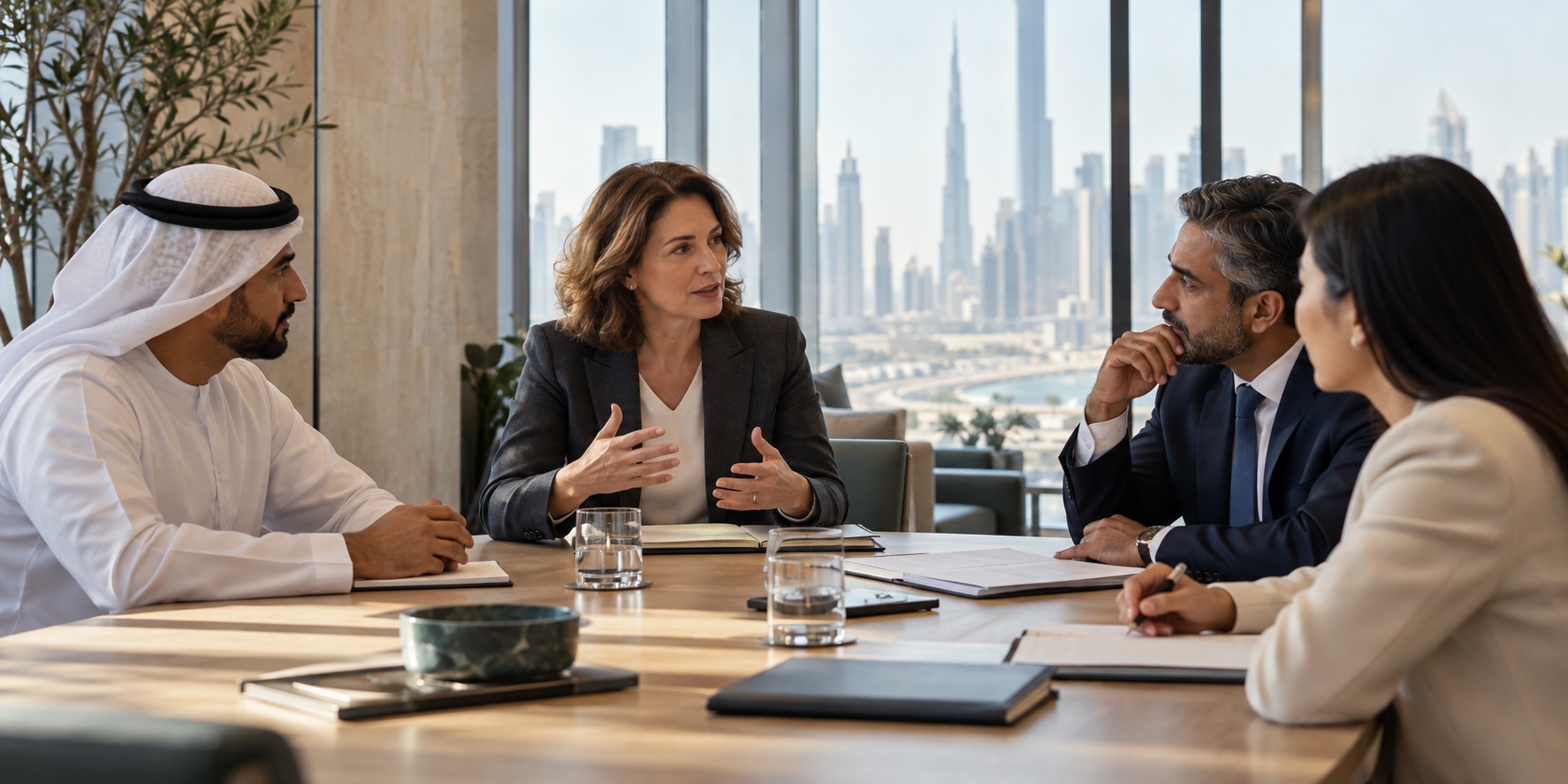 A senior leader contributing to a strategic conversation with executive peers in a sunlit boardroom